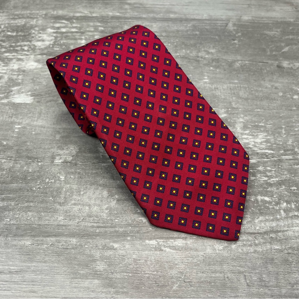 John Comfort Red w/ Navy & Gold Check Silk Tie